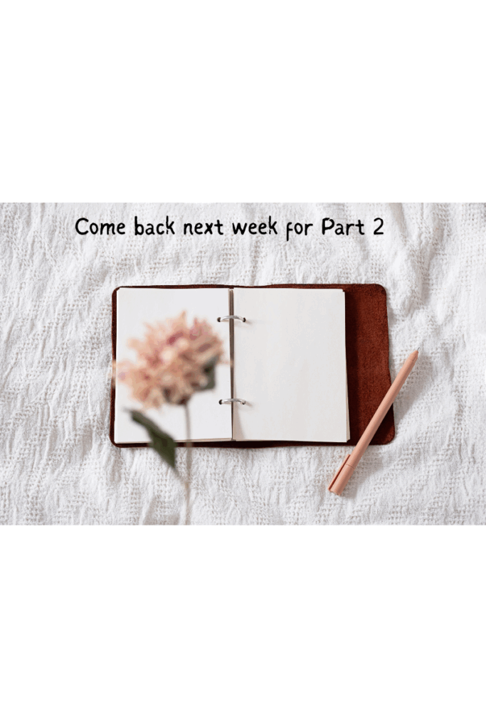 Open journal with pen and handwritten note that says 'Comeback next week for Part 2', inviting readers to continue the blog series