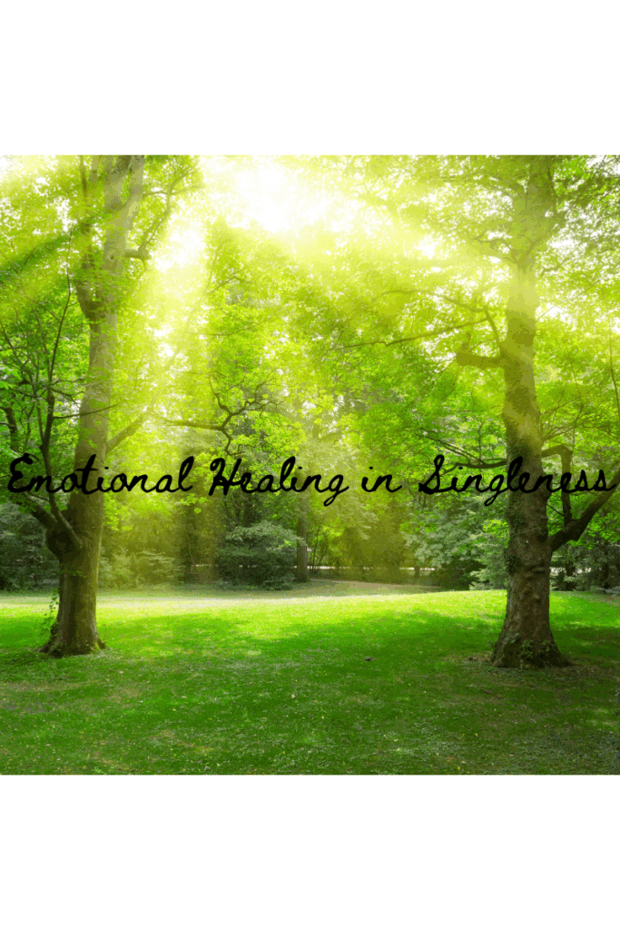 Sunlight shining through trees onto a quiet garden path, symbolizing peace, healing, and personal growth during a season of singleness."